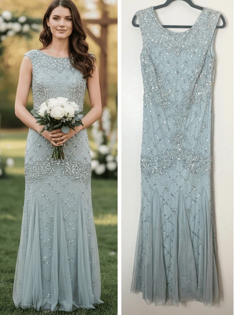 Adrianna Papell Blue Gray Sequin Dress Wedding Guest Mother of the Bride Gown